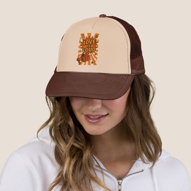 Love Is Loud Bold Comic-Style Statement Trucker Hat (In Situ)