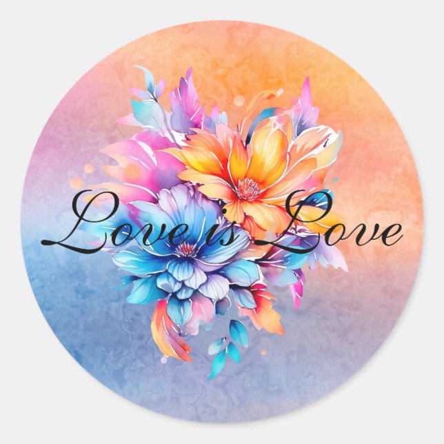 Love is Love Colourful Flowers Marble Wedding Classic Round Sticker (Front)