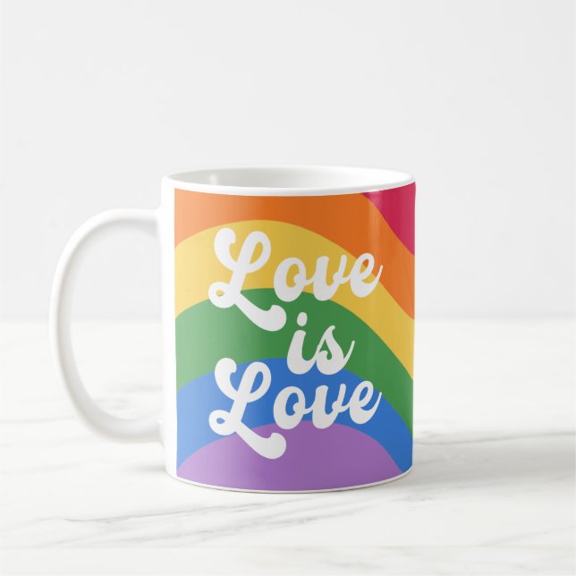 Love Is Love Colourful Rainbow Retro Script Coffee Mug (Left)