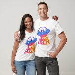 LOVE IS LOVE Colourful UFO Aliens Rainbow Pride   T-Shirt<br><div class="desc">Check out my shop for more pronouns, silly jokes, hiking, camping, vanlife, birds and lots more! You can also find this design on stickers, mugs, and buttons. Be sure to visit my shop for more designs too. Or if you'd like something custom please let me know. If you buy something...</div>