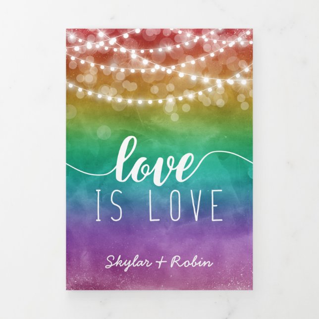 Love is Love Fairylights Rainbow Gay Wedding Tri-Fold Invitation (Cover)