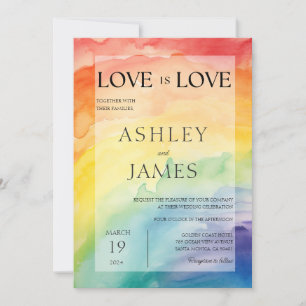 Love is Love Gay Lesbian LGBTQ Wedding Rainbow  Invitation