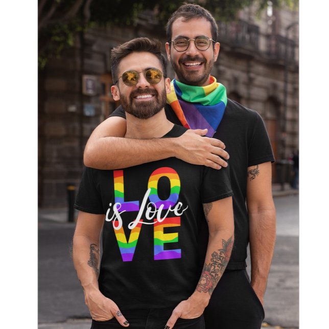 Love is Love Gay Pride Quote Rainbow text Black T-Shirt (Creator Uploaded)