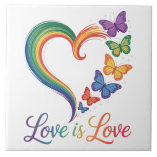 Love Is Love LGBT Butterfly Heart Rainbow Ceramic Tile