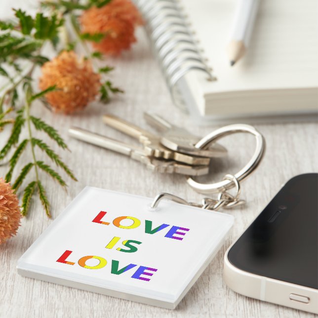 Love is Love LGBT Pride Flag Typography Key Ring (Front Right)