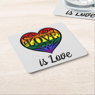 Love Is Love LGBTQ Rainbow Heart Card Square Paper Coaster