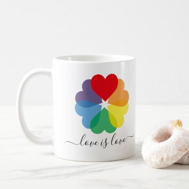 Love is Love Pride Rainbow Hearts  Coffee Mug (With Donut)