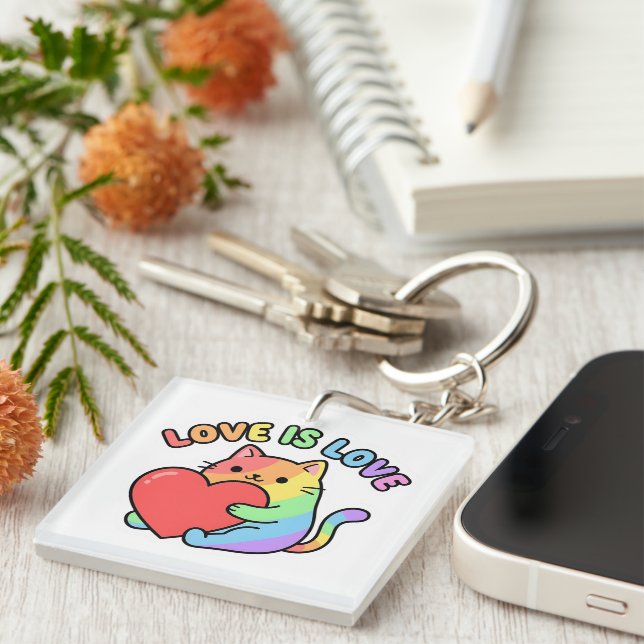 Love Is Love Rainbow Cat Gift, Cute Pride  Key Ring (Front Right)