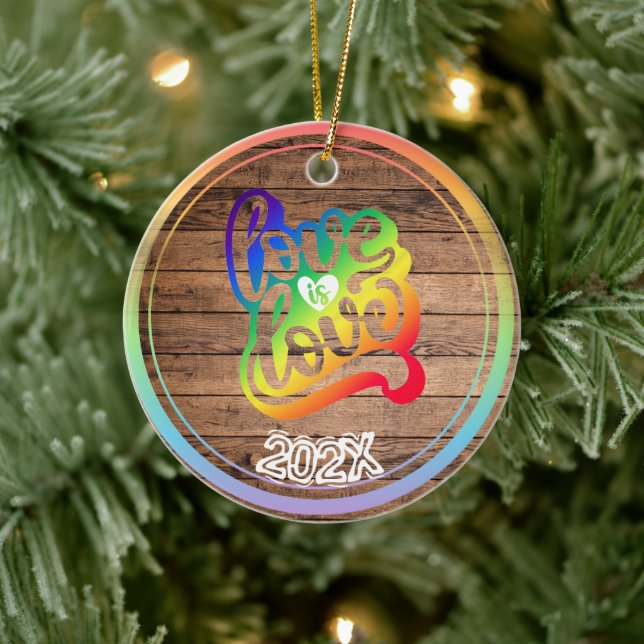 Love is Love Rainbow Custom Name- Year  Ceramic Ornament (Tree)