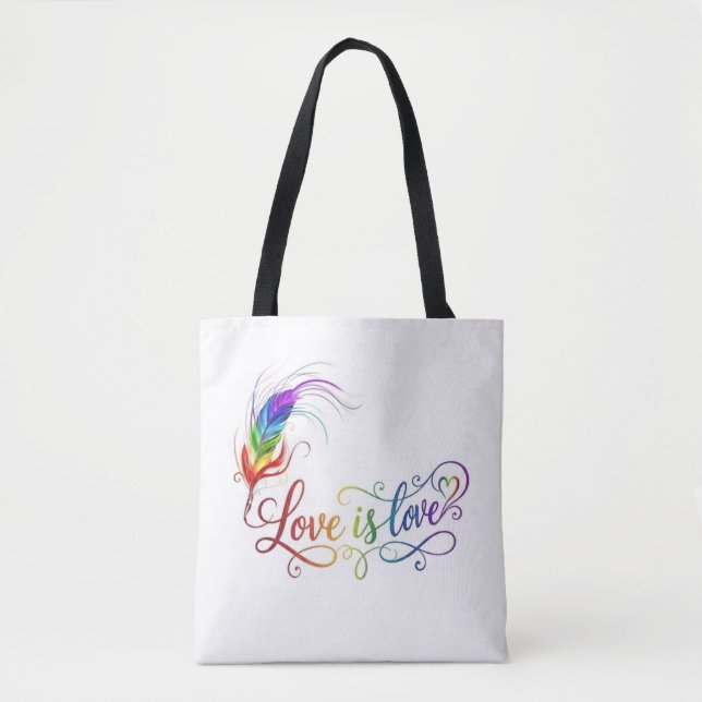 Love is Love Rainbow Feather Elegant Script Tote B Bag (Front)