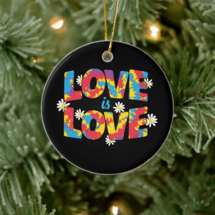 Love Is Love - Rainbow Floral LGBTQ Pride Ceramic Ornament