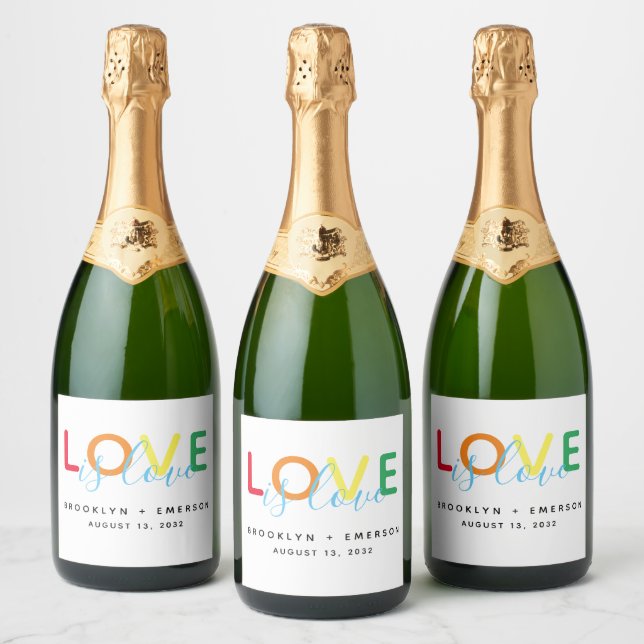 Love is Love Rainbow Gay Lesbian Wedding Sparkling Wine Label (Bottles)