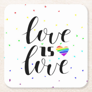 Love is Love   Rainbow Hearts Square Paper Coaster