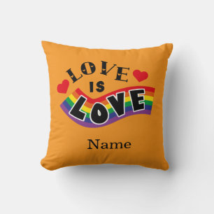 Love Is Love Rainbow Ribbon Typography with Hearts Cushion