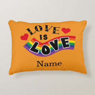 Love Is Love Rainbow Ribbon Typography with Hearts Decorative Cushion