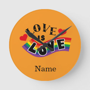Love Is Love Rainbow Ribbon Typography with Hearts Round Clock