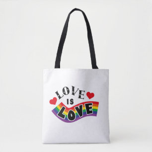 Love Is Love Rainbow Ribbon Typography with Hearts Tote Bag