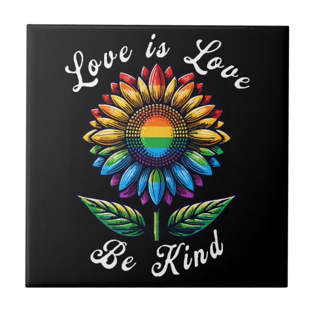 Love Is Love Rainbow Sunflower LGBT+ Gay Lesbian P Ceramic Tile (Front)