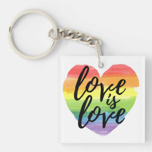 Love is Love   Rainbow Watercolor Heart Key Ring