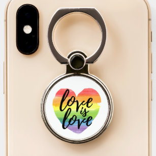 Love is Love   Rainbow Watercolor Heart Phone Ring Stand