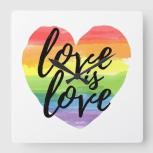 Love is Love Rainbow Watercolor Heart Square Wall Clock