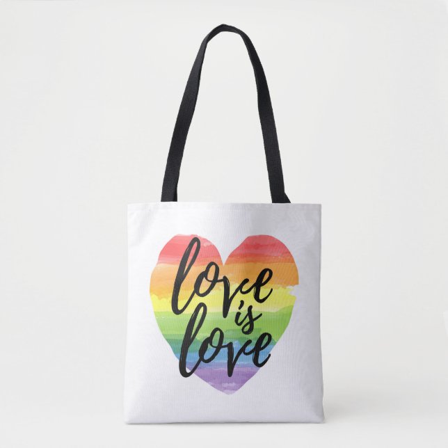 Love is Love | Rainbow Watercolor Heart Tote Bag (Front)