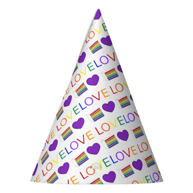 Love is Love Rainbow Wedding Cake Purple Heart Party Hat (Left)