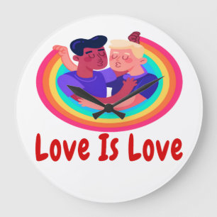 LOVE IS LOVE RED FONTS TWO MEN RAINBOW BG LARGE CLOCK