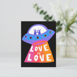 LOVE IS LOVE Spaceship Aliens Colourful Rainbow Postcard