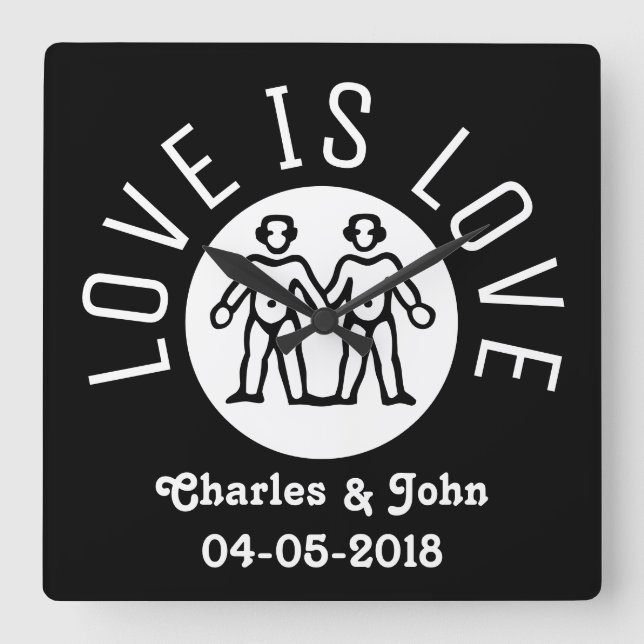 Love is Love Typography Gay Pride LGBT Black White Square Wall Clock (Front)