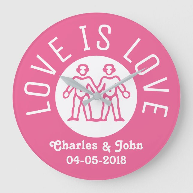 Love is Love Typography Gay Pride LGBT Couple Pink Large Clock (Front)