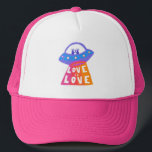 LOVE IS LOVE UFO Cute Colourful Rainbow Pride Trucker Hat<br><div class="desc">Check out my shop for more pronouns, silly jokes, hiking, camping, vanlife, birds and lots more! You can also find this design on shirts, stickers, mugs, and buttons. Be sure to visit my shop for more designs too. Or if you'd like something custom please let me know. If you buy...</div>
