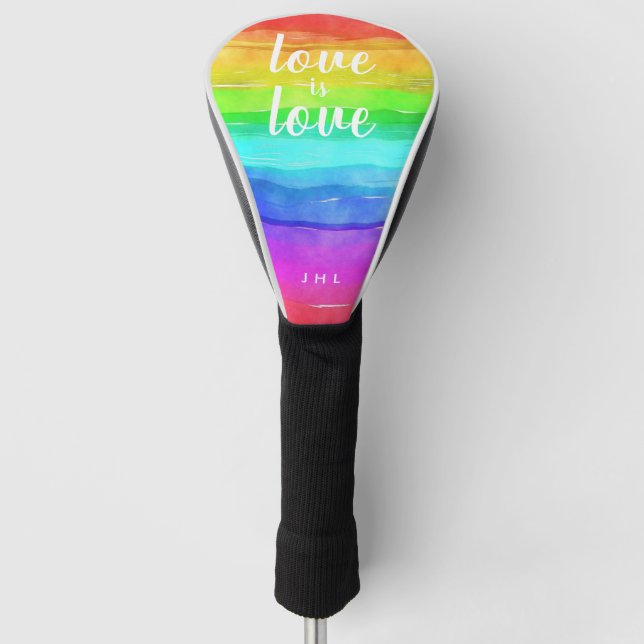 "Love is Love" Watercolor Gay Pride Rainbow Golf Head Cover (Front)