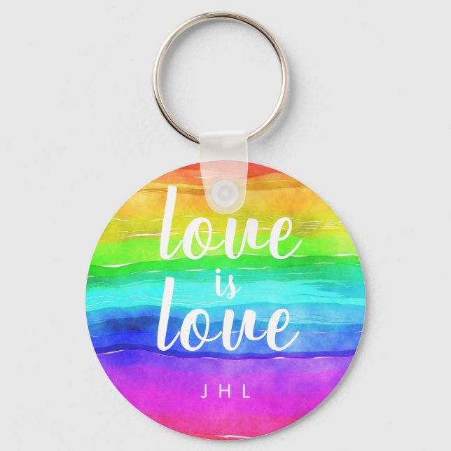 Love is Love Watercolor Gay Pride Rainbow Key Ring (Front)