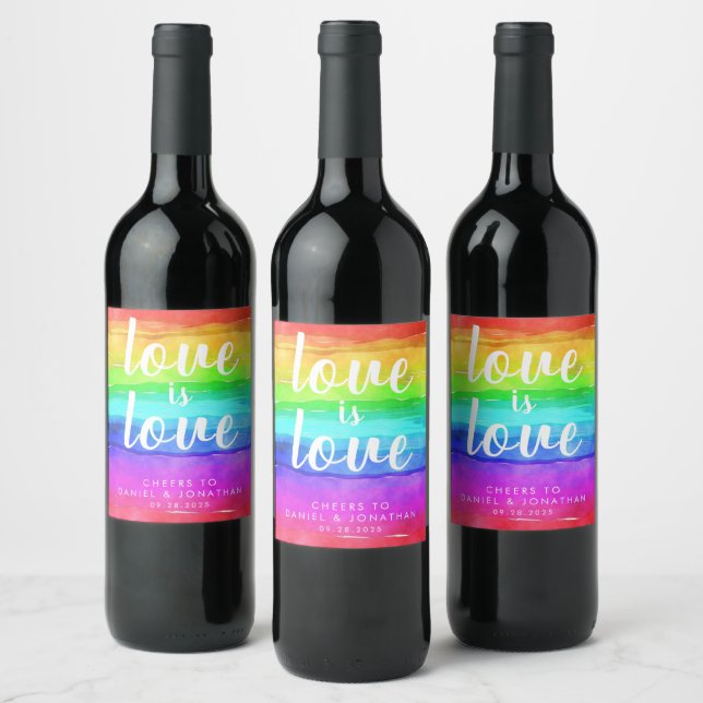 "Love is Love" Watercolor Pride Rainbow Wedding Wine Label (Bottles)