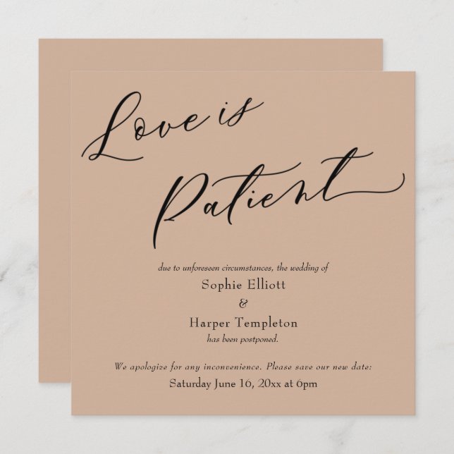 Love is Patient Almond Postponed Wedding Card (Front/Back)