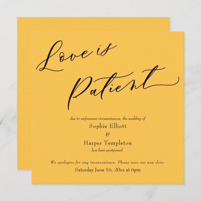 Love is Patient Apricot Postponed Wedding Card (Front/Back)