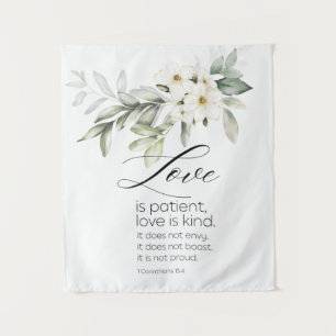Love is Patient Bible Verse White Floral Christian Tapestry