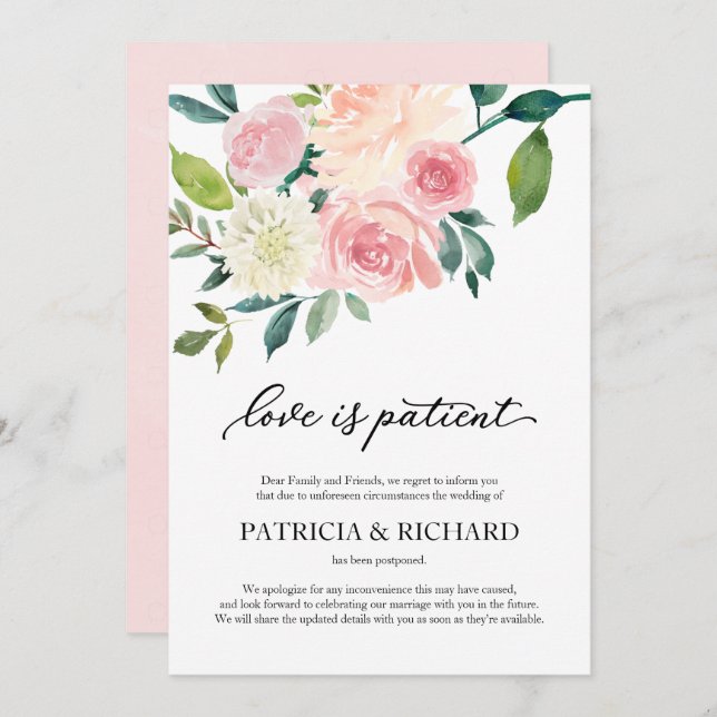 Love Is Patient Blush Floral Wedding Postponement Invitation (Front/Back)