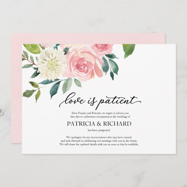 Love Is Patient Blush Floral Wedding Postponement Invitation (Front/Back)