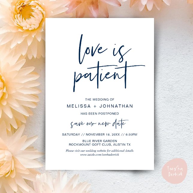 Love is patient, Change New Wedding Date Invitation (Minimalist, Love is patient, Romantic Wedding Change the new date card PDF in navy Blue)