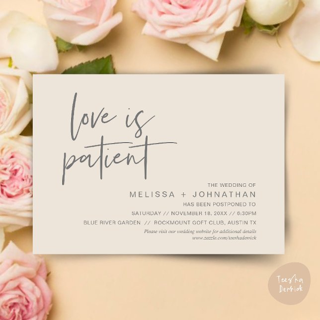 Love is patient, Change our wedding date Invitation (Minimalist, Love is patient, Romantic Wedding Change the new date card PDF in Cream Grey)