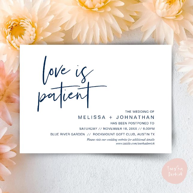 Love is patient, Change our wedding date Invitation (Minimalist, Love is patient, Romantic Wedding Change the new date card PDF in navy Blue)