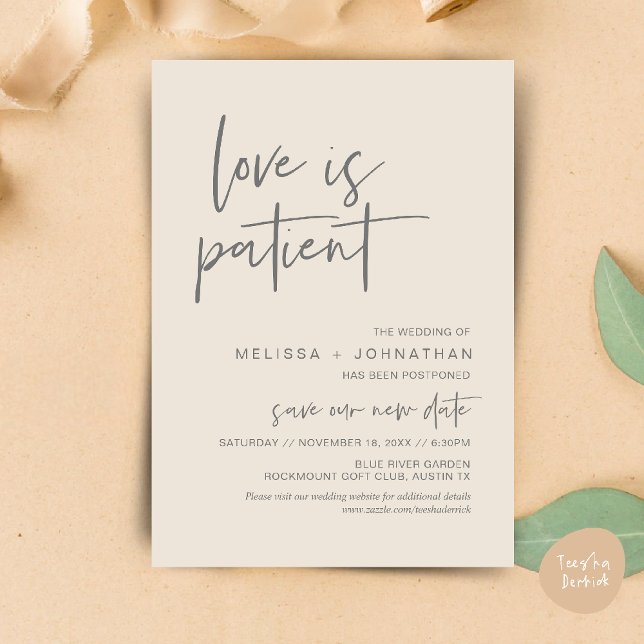 Love is patient, Change Our Wedding New Date Invitation (Minimalist, Love is patient, Romantic Wedding Change the new date card PDF in Cream Grey)