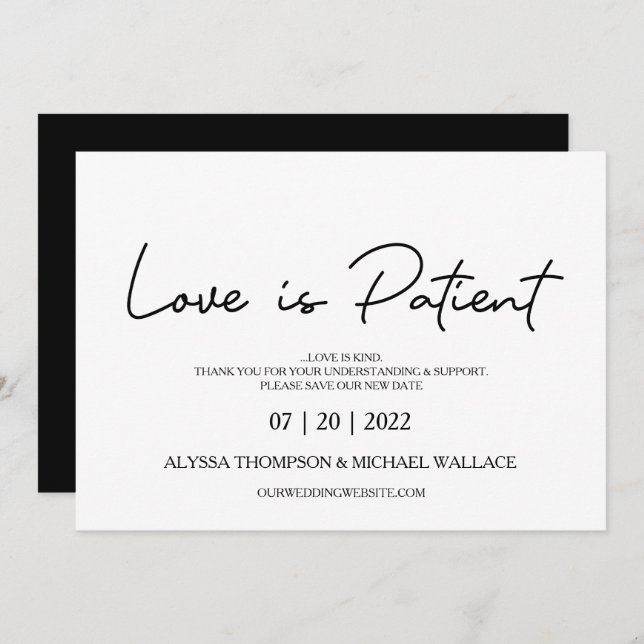 Love is Patient Change The date Wedding Postponed Invitation (Front/Back)