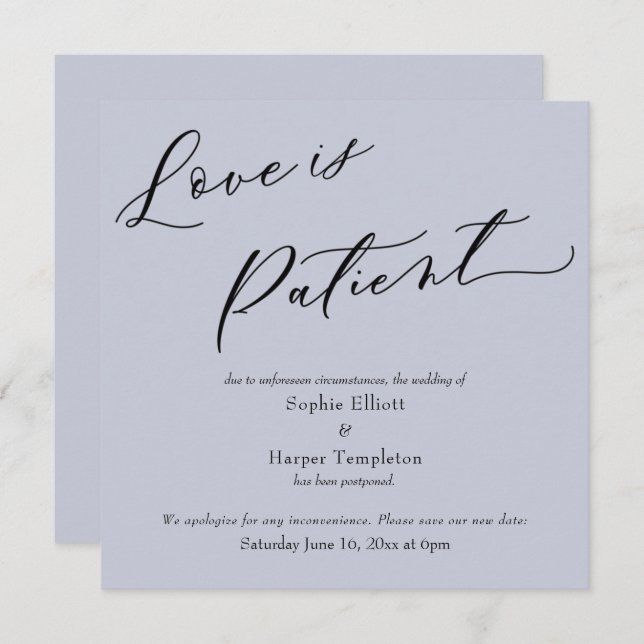 Love is Patient Dusty Blue Postponed Wedding Card (Front/Back)