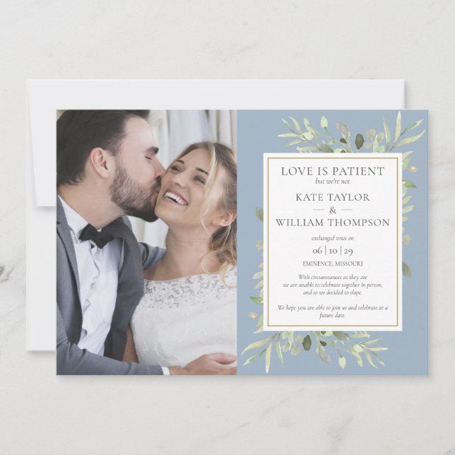Love Is Patient Dusty Blue Wedding Announcement (Front)