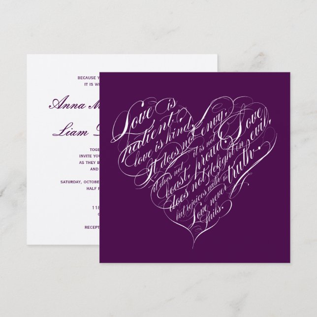 Love is patient.. eggplant & silver script heart invitation (Front/Back)