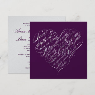 Love is patient.. eggplant & silver script heart invitation