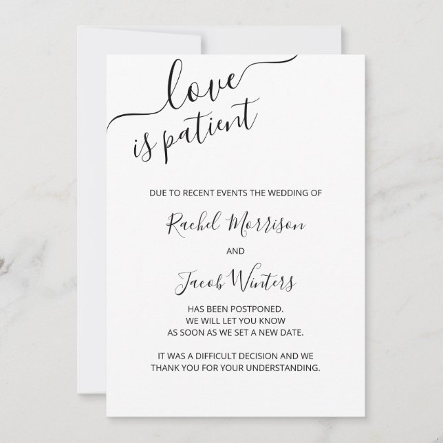 Love is Patient Elegant Script Postponement Announcement (Front)